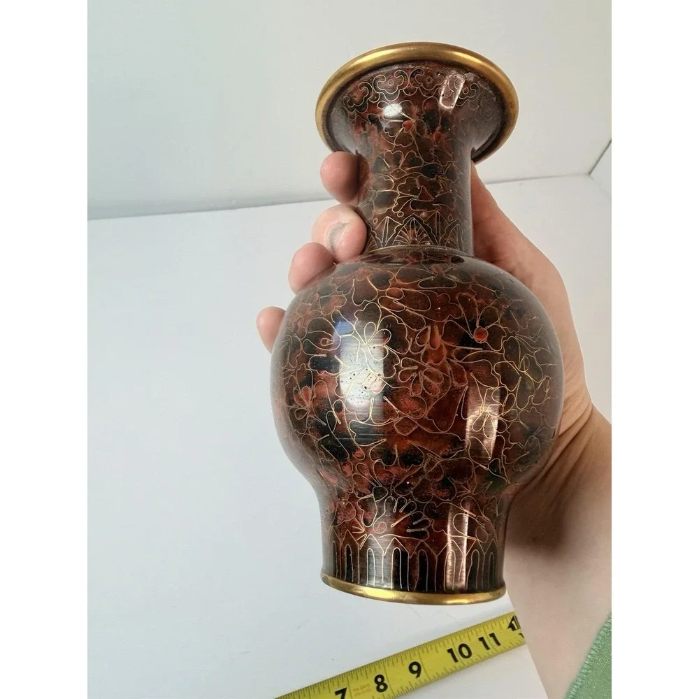 Cloisonne Chinese Floral Design‎ Decor Enamel Brass Vase 6.5